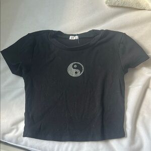 Black Crop Top with Rhinestoned Yin Yang Design